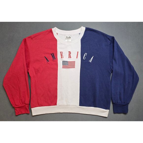 Isaac Morris Womens L America Sweater Red Blue Flag Colorblock Embroidered USA - Picture 1 of 8
